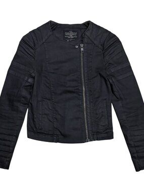 All Saints Denim Jean Jacket Luxury Cropped Black Moto Coat Womens Size 0